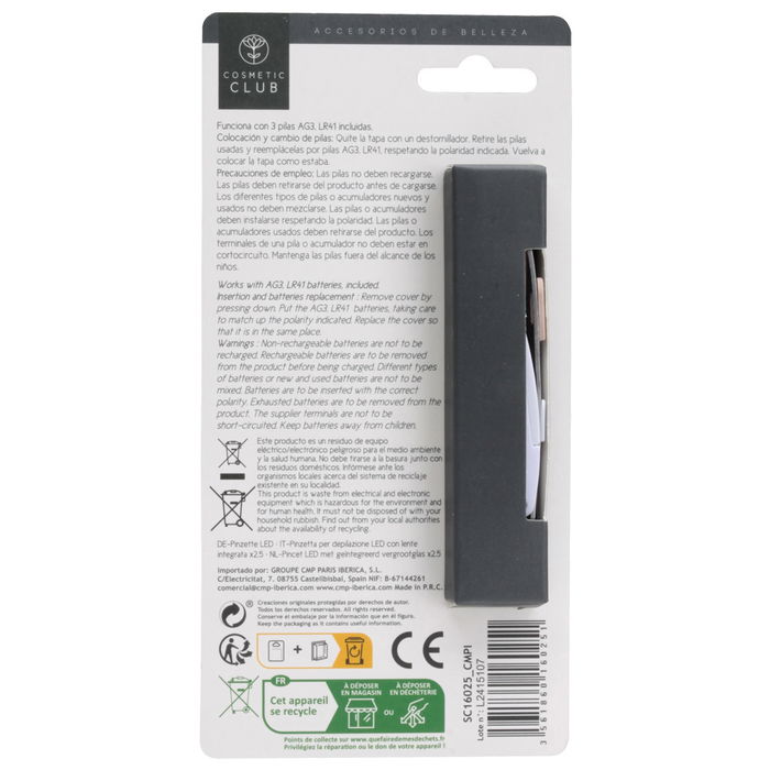 Cosmetic Club Pinzas Depilación con LED y Lupa x25 - Precisión Facial, Pilas Incluidas