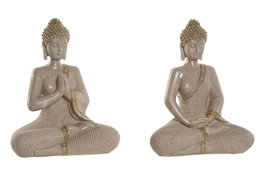 DKD Home Decor Set de 2 Figuras de Buda en Resina Crema y Dorado