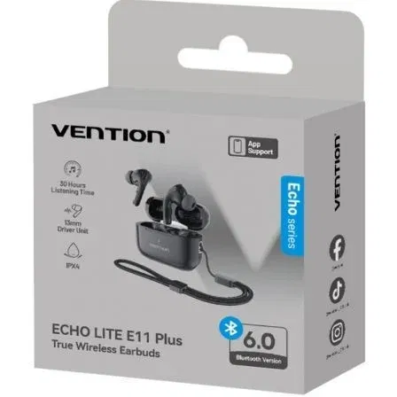 Vention Auriculares Bluetooth Echo Lite E11 Plus con Estuche de Carga Negros Autonomía 6h
