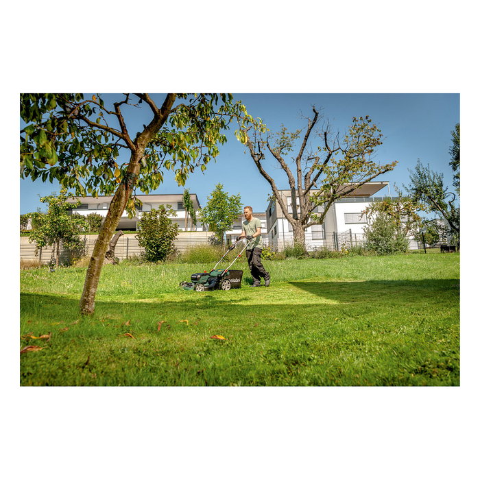 Metabo RM 36-18 LTX BL 46 Cortacésped Manual Eléctrico con Batería, Ancho de Corte 46 cm para 800 m2, 55 L Bolsa Recogedora, 7 Alturas Ajustables 2.5-8 cm