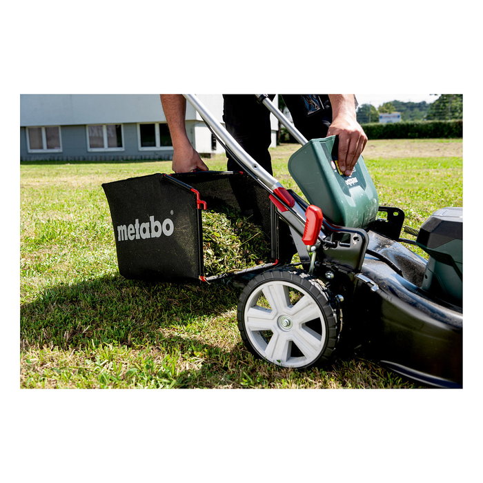 Metabo RM 36-18 LTX BL 46 Cortacésped Manual Eléctrico con Batería, Ancho de Corte 46 cm para 800 m2, 55 L Bolsa Recogedora, 7 Alturas Ajustables 2.5-8 cm