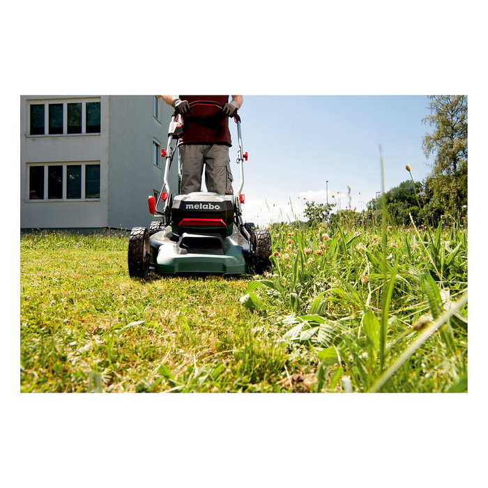 Metabo RM 36-18 LTX BL 46 Cortacésped Manual Eléctrico con Batería, Ancho de Corte 46 cm para 800 m2, 55 L Bolsa Recogedora, 7 Alturas Ajustables 2.5-8 cm