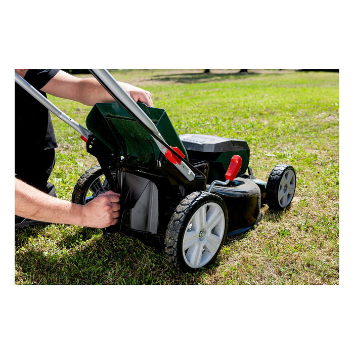 Metabo RM 36-18 LTX BL 46 Cortacésped Manual Eléctrico con Batería, Ancho de Corte 46 cm para 800 m2, 55 L Bolsa Recogedora, 7 Alturas Ajustables 2.5-8 cm