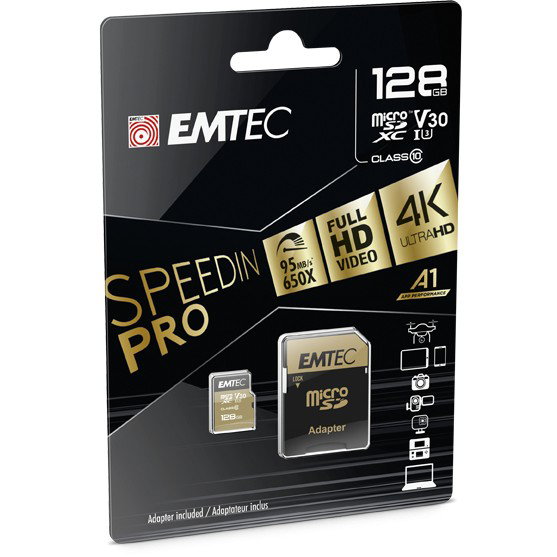 EMTEC Tarjeta Micro SD 128GB UHS-I U3 V30 A1 SpeedIN Pro ECMSDM128GXC10SP Gold