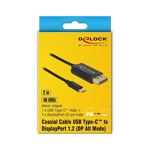 DeLOCK Cable USB-C a DisplayPort 83710 Alt Mode 4K 60Hz 2m Negro - Conector Derecho Macho-Macho, HDCP 1.4, Plug & Play