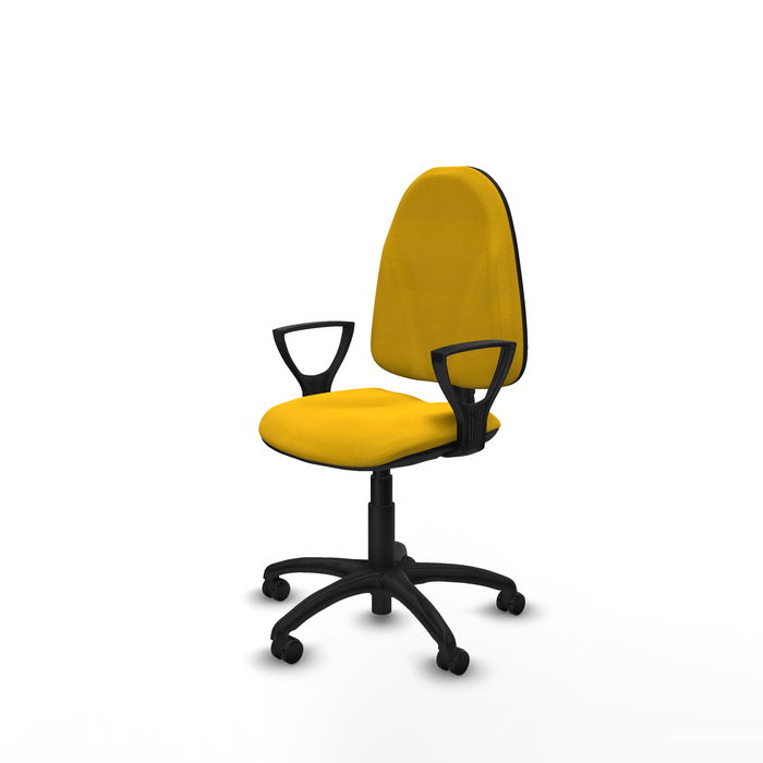 Silla de oficina Algarra con mecanismo Contacto permanente básico tapizada con Tela color Amarillo. Equipada con Base poliamida negra, Brazos fijos y Ruedas de parqué Silla de oficina Algarra con mecanismo Contacto permanente básico tapizada con Tela color Amarillo. Equipada con Base poliamida negra, Brazos fijos y Ruedas de parqué