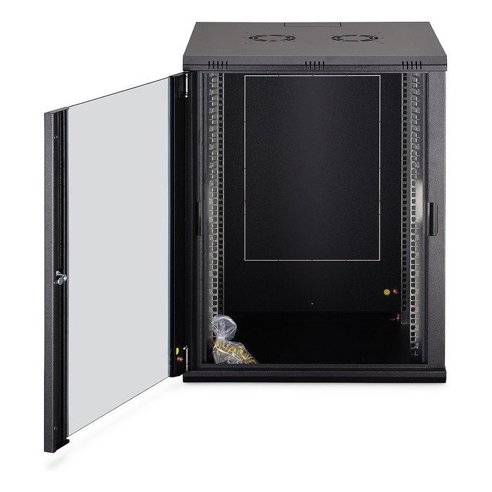 Digitus Bastidor de Pared Rack 16U Dynamic-N - Caja Mural 600x600x785 mm, 60 kg, Puertas de Cristal y Acero, con Rieles, Bloqueo y Gestión de Cables, Negro