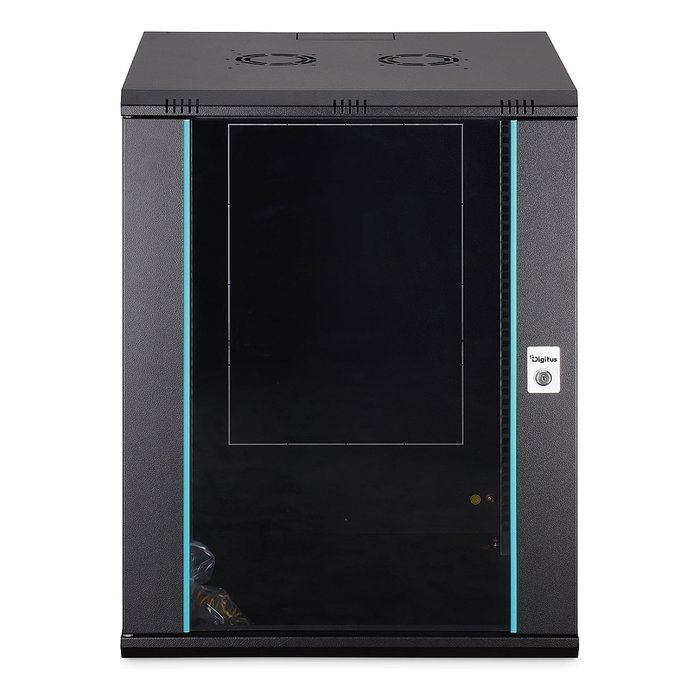 Digitus Bastidor de Pared Rack 16U Dynamic-N - Caja Mural 600x600x785 mm, 60 kg, Puertas de Cristal y Acero, con Rieles, Bloqueo y Gestión de Cables, Negro