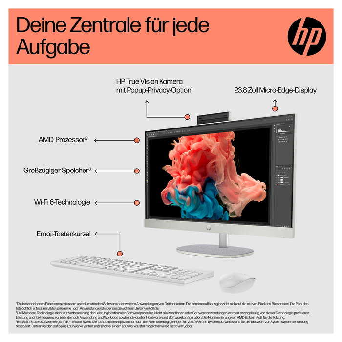 HP - AIO Desktop 24-cr0401 - Ordenador Todo en Uno - AMD Ryzen 5 7520U, 8GB RAM, 512GB SSD, Windows 11 Home, Color Blanco