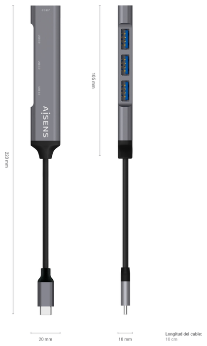 Aisens Hub USB 3.1 USB-C, 4 Puertos Tipo A, Gris