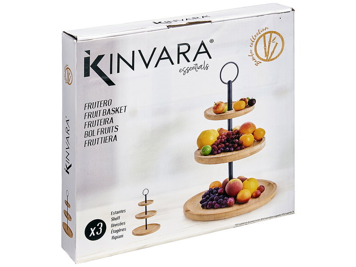 KINVARA Frutero de Bambú 3 Pisos con Soporte de Metal