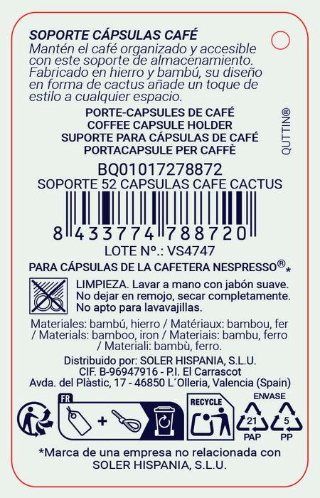 Inde Soporte 32 Cápsulas Café Cactus Quttin 9.6x41.5x19.5 cm (12 Unidades)