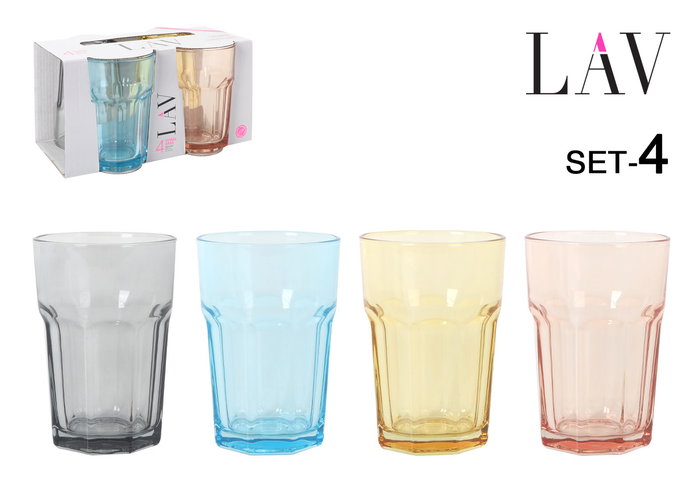 LAV Set de 4 Vasos Aras, 365 cc, 8.3 x 8.3 x 12 cm, Colores Variados (6 Cajas)