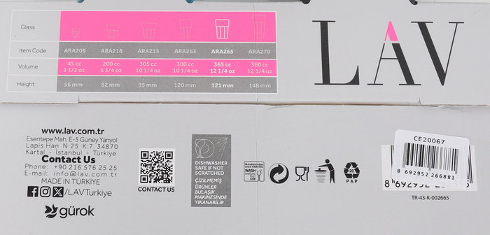 LAV Set de 4 Vasos Aras, 365 cc, 8.3 x 8.3 x 12 cm, Colores Variados (6 Cajas)