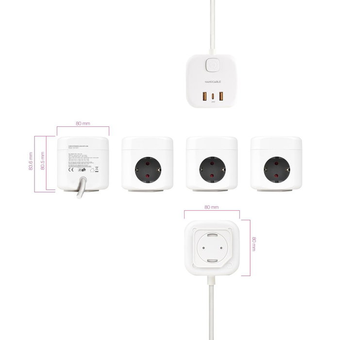 Nanocable Regleta Cubo con 3 Enchufes y 3 USB (2 USB-A + 1 USB-C), GaN, Blanco