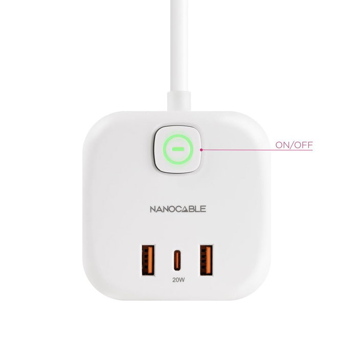 Nanocable Regleta Cubo con 3 Enchufes y 3 USB (2 USB-A + 1 USB-C), GaN, Blanco