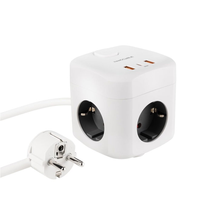 Nanocable Regleta Cubo con 3 Enchufes y 3 USB (2 USB-A + 1 USB-C), GaN, Blanco