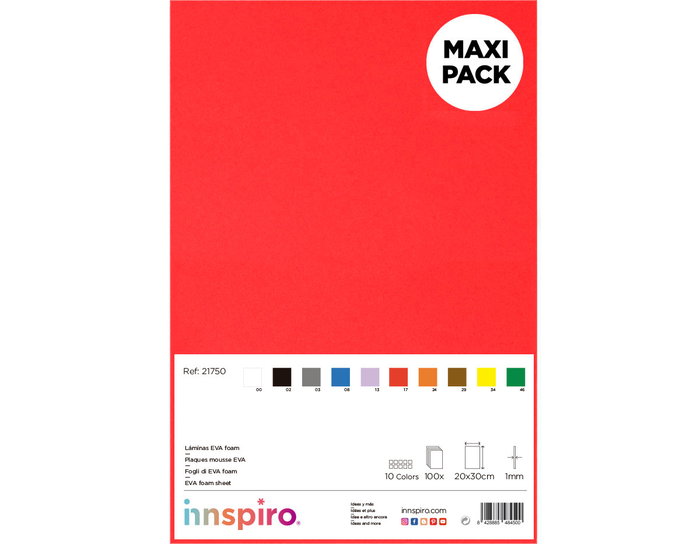 Innspiro Maxi Pack Escolar 100 láminas goma EVA surtido 10 colores 20x30cm x 1mm Innspiro Maxi Pack Escolar 100 láminas goma EVA surtido 10 colores 20x30cm x 1mm