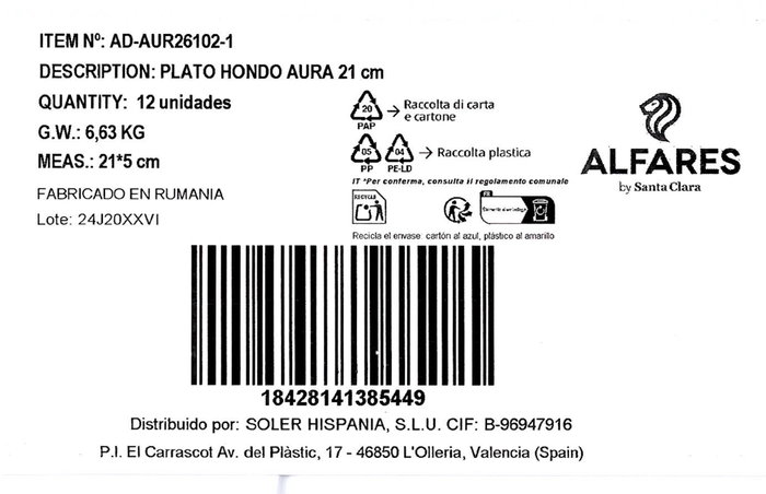 Alfares Plato Hondo Aura 21cm (Set de 12) de la colección Aura