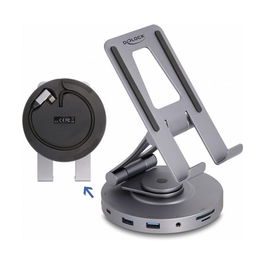 DeLOCK Dockingstation 4K mit integrierter Halterung - HDMI, USB, Hub, SD, Micro SD, PD 3.0, 360 Grad drehbar für Tablet und Notebook