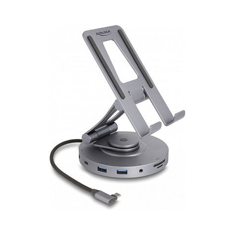 DeLOCK Dockingstation 4K mit integrierter Halterung - HDMI, USB, Hub, SD, Micro SD, PD 3.0, 360 Grad drehbar für Tablet und Notebook