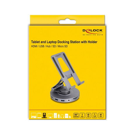 DeLOCK Dockingstation 4K mit integrierter Halterung - HDMI, USB, Hub, SD, Micro SD, PD 3.0, 360 Grad drehbar für Tablet und Notebook