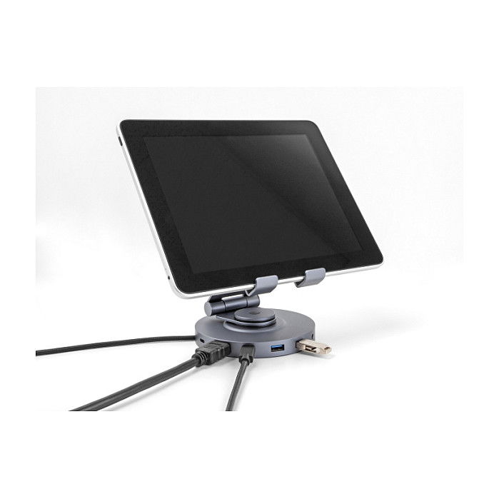 DeLOCK Dockingstation 4K mit integrierter Halterung - HDMI, USB, Hub, SD, Micro SD, PD 3.0, 360 Grad drehbar für Tablet und Notebook