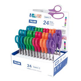Milán Tijeras Escolares Básicas 13,3 cm Mango Plástico Cuchilla Acero Inoxidable Colores Surtidos Expositor 24 Unidades