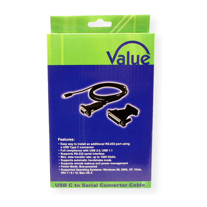 VALUE 12.99.1162 Cable Convertidor USB-C a RS232 DB9/DB25 Macho Negro 1.8m