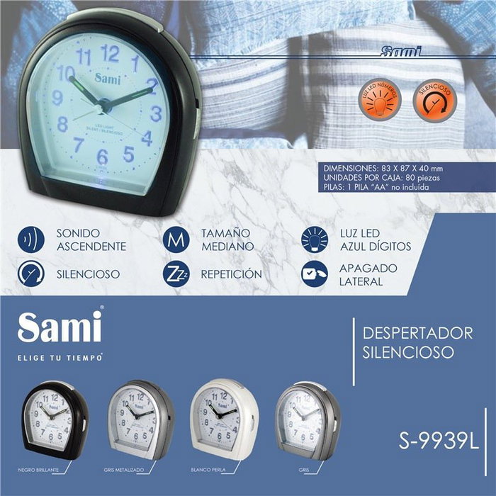 SAMI Despertador Oval Mediano Silencioso con Luz Azul - Blanco