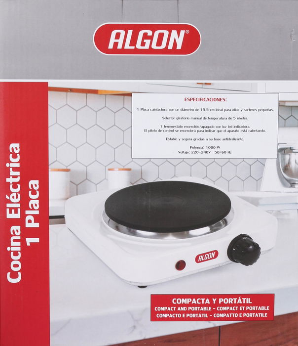 Algon Bbq Cocina Eléctrica Portátil 1 Placa 1000W, Dimensiones 22 cm Largo x 25.2 cm Alto x 6.7 cm Ancho (4 Unidades)