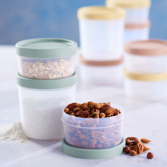 Day Juego de 3 Herméticos Redondos de Plástico para Alimentos, Colores Arena Natural, Verde Musgo y Amarillo Arena, 2x0.5L + 1x1L, Aptos Microondas y Lavavajillas