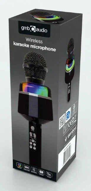 Gembird MICBT-01-BK Micrófono de Karaoke Bluetooth Inalámbrico Portátil con Luz LED, Entrada AUX/USB/MicroSD, Batería Recargable, Altavoz Integrado - Negro