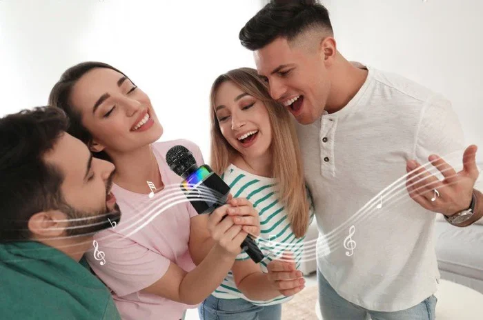 Gembird MICBT-01-BK Micrófono de Karaoke Bluetooth Inalámbrico Portátil con Luz LED, Entrada AUX/USB/MicroSD, Batería Recargable, Altavoz Integrado - Negro