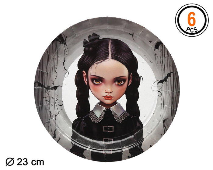 Atosa Platos de Cartón 6 Unidades, 23 cm, Diseño Niña Gótica con Murciélagos para Halloween Atosa Platos de Cartón 6 Unidades, 23 cm, Diseño Niña Gótica con Murciélagos para Halloween