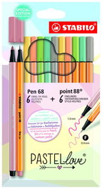 STABILO Pen 68 & Point 88 Fineliner Pastel Love - Estuche de 12 Rotuladores, 6 Colores Pastel Surtidos, Fibra y Punta Fina