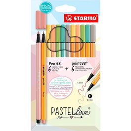 STABILO Pen 68 & Point 88 Fineliner Pastel Love - Estuche de 12 Rotuladores, 6 Colores Pastel Surtidos, Fibra y Punta Fina