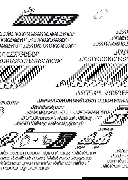 Inde Cesta Cónica Seagrass con Asas 20 cm (24 Unidades)
