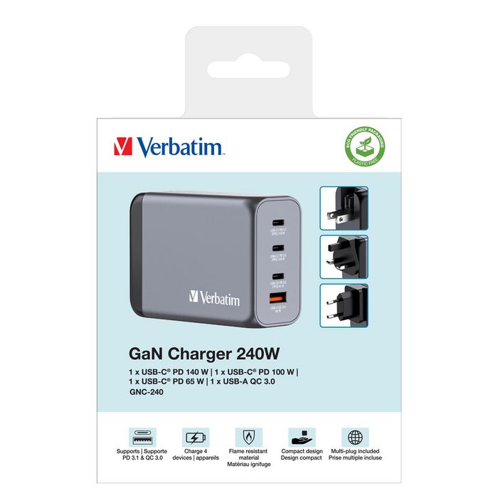 Verbatim GNC-240 Cargador GaN de 240 W con 3x USB-C y 1x USB-A