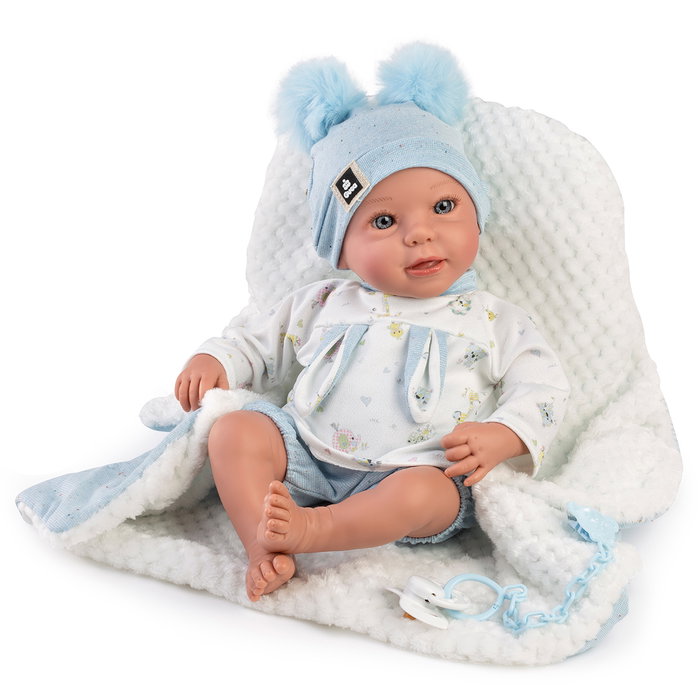 Guca Muñeco Reborn Joel 38 cm con ropa, chupete y cadena