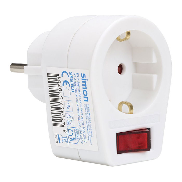 Simon Adaptador schuko 2p+t 16a 250v~ con interruptor, blanco Simon Adaptador schuko 2p+t 16a 250v~ con interruptor, blanco