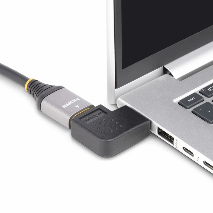 StarTech Adaptador HDMI2HDMIMFRA HDMI 2.0 Macho a Hembra Ángulo Derecho - 4K 60Hz HDR 18Gbps - Protector de Puerto con Conexión Dorada - Negro