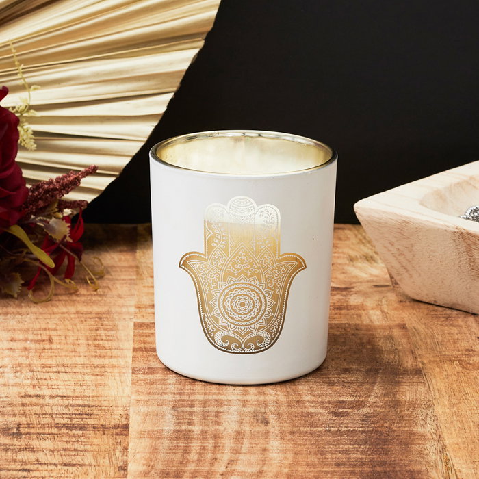 Home Deco Factory Vela Perfumada Mano Fátima Colección Mirage Gris (Escaramujo) Dorado (Sándalo) Blanco (Almizcle) Cera Parafina 250g 45h