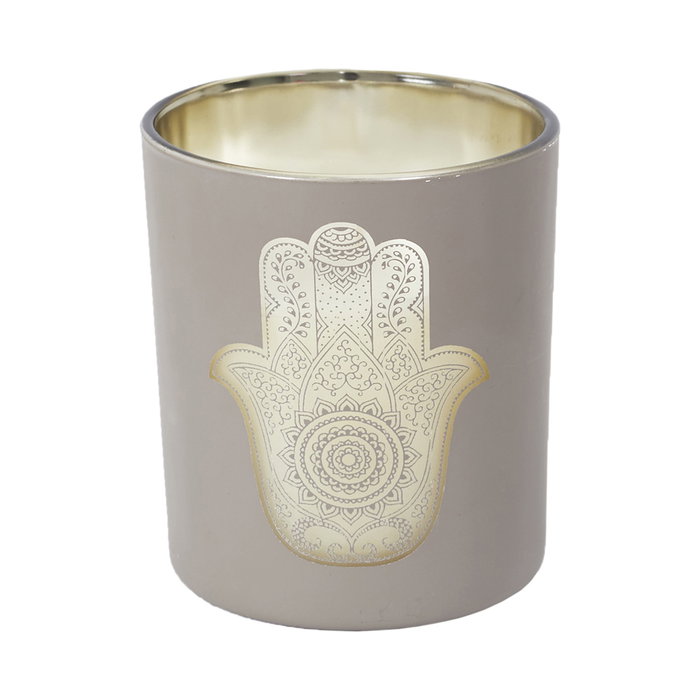 Home Deco Factory Vela Perfumada Mano Fátima Colección Mirage Gris (Escaramujo) Dorado (Sándalo) Blanco (Almizcle) Cera Parafina 250g 45h