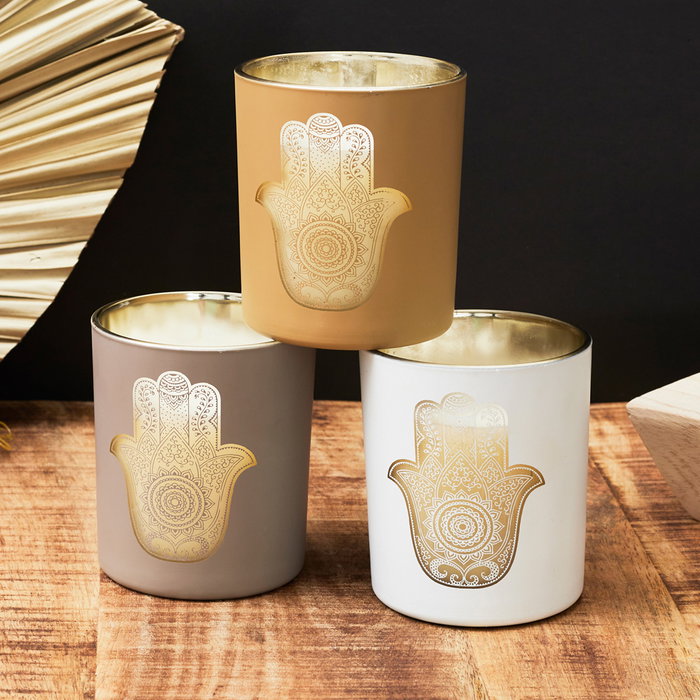 Home Deco Factory Vela Perfumada Mano Fátima Colección Mirage Gris (Escaramujo) Dorado (Sándalo) Blanco (Almizcle) Cera Parafina 250g 45h