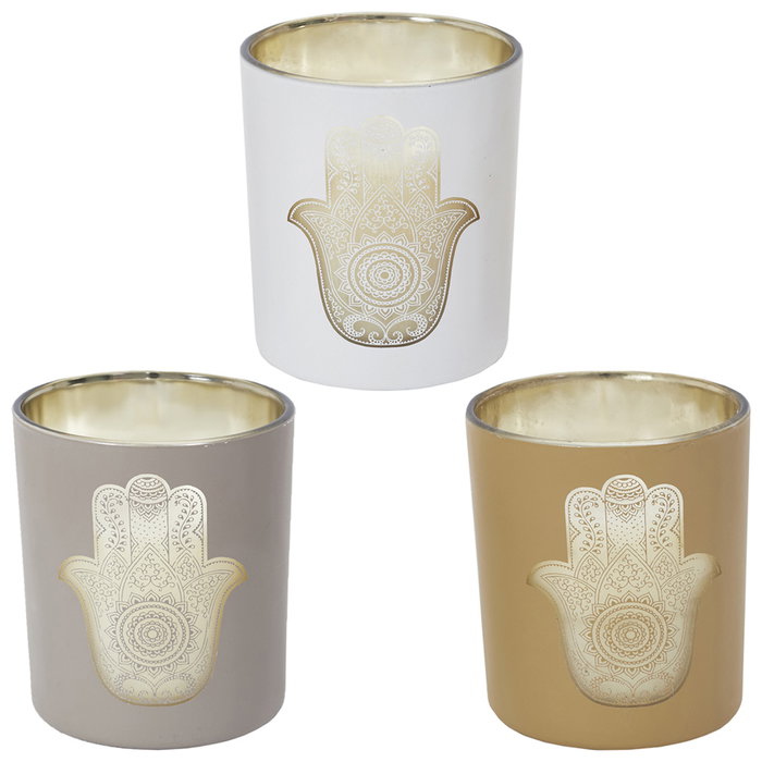 Home Deco Factory Vela Perfumada Mano Fátima Colección Mirage Gris (Escaramujo) Dorado (Sándalo) Blanco (Almizcle) Cera Parafina 250g 45h