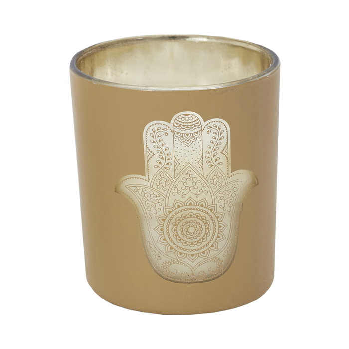 Home Deco Factory Vela Perfumada Mano Fátima Colección Mirage Gris (Escaramujo) Dorado (Sándalo) Blanco (Almizcle) Cera Parafina 250g 45h