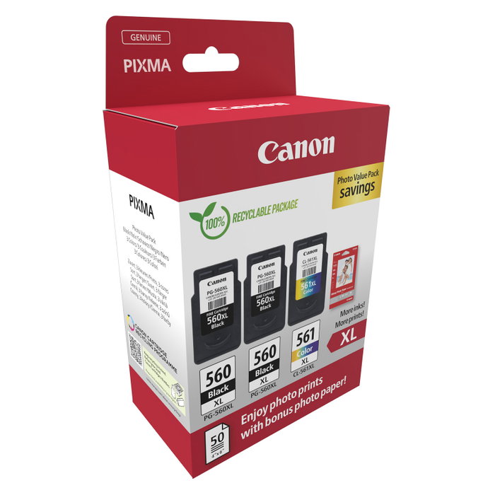 Canon Tinta Original PG-560XL / CL-561XL 3712C012 Cartuchos 3er Pack XL (2x Negro + Color) para Impresión Fotográfica