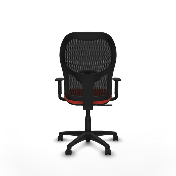 Silla de oficina Alocén con mecanismo Sincro tapizada con Tela color Naranja oscuro y malla color Negro. Equipada con lumbar 1D, Brazos 1D y Ruedas de parqué