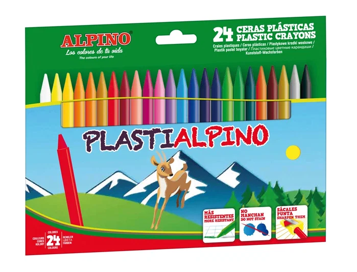 Alpino Ceras Plásticas Plastialpino 115 mm No Manchan Estuche 24 Colores Surtidos